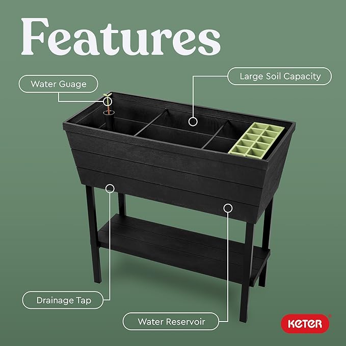 Keter Urban Bloomer 12.7‑Gallon Raised Garden Bed – Elevated Outdoor Planter Box with Self‑Watering Reservoir, Water Gauge & Drainage System, Perfect for Herbs & Vegetables, Dark Grey