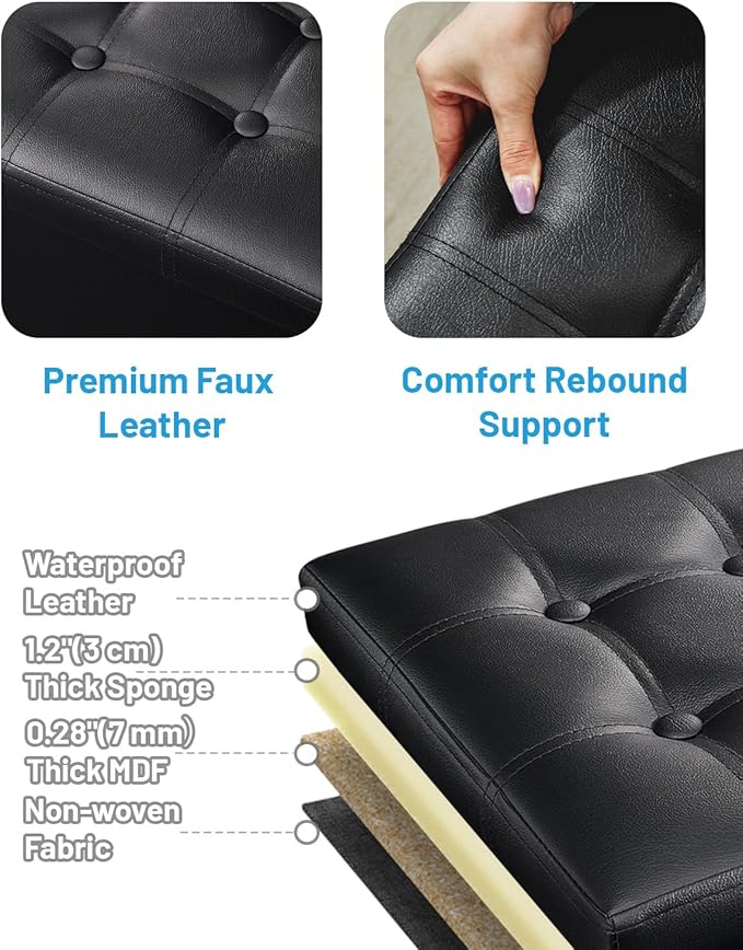 AmasSmile Storage Ottoman Folding Foot Rest Stool with Side Pocket, 16 inch Leather Footstool Bench, Short Ottoman Bench, Storage Foot Rest Store, Books, Black