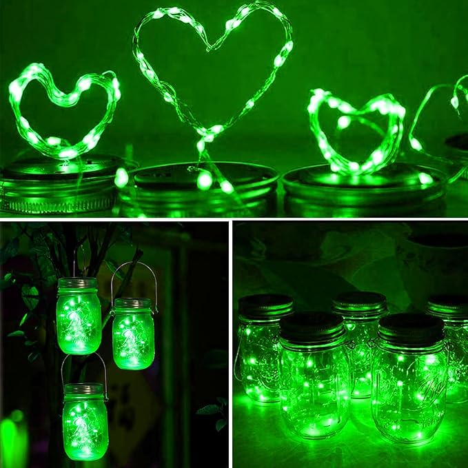 String Lights, 12 Pack Green Solar Mason Jar Lights with 30 LEDs