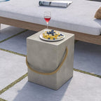 COSIEST Concrete Side Table, Rectangular Outdoor Side Table w Hemp Rope Handles,15''Patio Side Tables End Table, Outdoor Accent Coffe Table for Garden and Patio, Grey