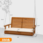 VINGLI Outdoor 4 FT Porch Swing, Heavy Duty 880 LBS Wooden Patio Swings with Cushions, Farmhouse Style Hanging Bench with Adjustable Chains for Yard | Garden | Lawn | Balcony, Brown