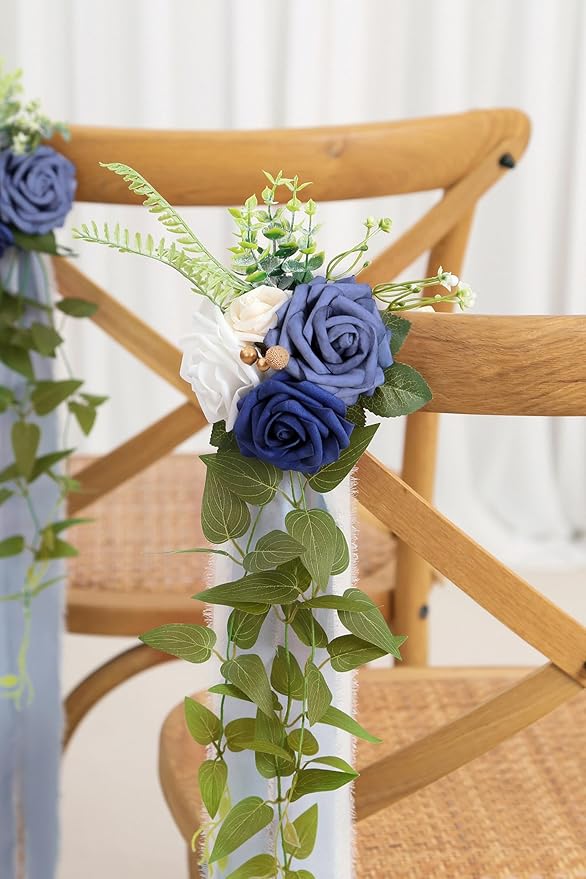 Artificial Wedding Pew Flowers, Blue Roses with Chiffon Ribbon, Set of 10