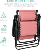 Best Choice Products 30” Wide Folding Zero Gravity Outdoor Recliner Patio Lounge Chair w/Adjustable Canopy Shade, Headrest, Side Accessory Tray - Pink