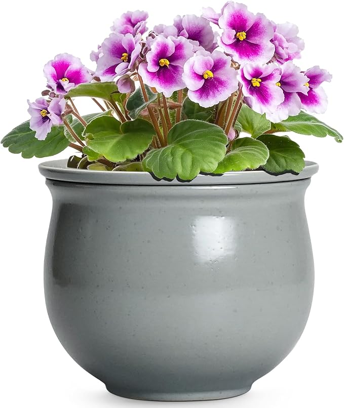 6 Inch Ceramic African Violet Pot, Easy Self Watering Pots with Absorbent Inner Pot, Round Self Watering Planter, Ceramic Pots for Plants Indoor, Apartment Decor, Housewarming Gifts, Grey