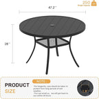 VICLLAX 47.2" Outdoor Round Patio Table for Lawn Garden, All Weather Metal Round Patio Dining Table with Adjustable Umbrella Hole, 6 Person Patio Table, Black Tabletop