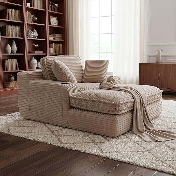 67" Oversized Chaise Lounge Chair Indoor, Soft Boneless Cloud Couch with 3 Pillows, 4 Side Pockets and 2 Cup Holders, Comfy Corduroy Sleeper Couch for Living Room Bedroom