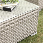 COSIEST Outdoor Furniture Warm Gray Wicker Glass-Top Coffee Table for Expanding Sectional Sofa Set for Garden, Pool, Backyard