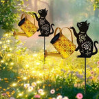 Solar Lights Outdoor Decorative, Watering Can with Cascading Lights, with Cat Silhouette Garden Stakes, Waterproof Metal Garden Decor for Yard Art, Outside, Patio, Lawn 2PACK