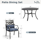PHI VILLA 5 Pieces Outdoor Dining Set for 4, 42" Round Black Metal Table with Umbrella Hole & Wrought Iron Chairs, Large Outside Furniture with Blue Cushions & Pillows for Patio, Deck, Porch