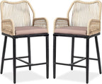 VINGLI Outdoor Counter Height Bar Stools Set of 2, Rattan Outdoor Barstools Boho Woven Patio Bar Stools with Backrest, Aluminum Frame Patio Garden Balcony Pool Bar Chairs (2 PCS)