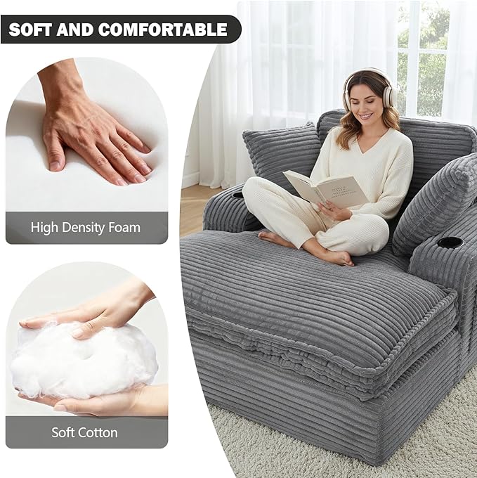67" Oversized Chaise Lounge Chair Indoor, Soft Boneless Cloud Couch with 3 Pillows, 4 Side Pockets and 2 Cup Holders, Comfy Corduroy Sleeper Couch for Living Room Bedroom