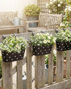 Metal Railing Planters for Outdoor Plants - 3 Pcs Balcony Hanging Flower Pots with Detachable Hooks & Drain Holes, Windowsill Oval Hanging Buckets Fence Planters for Garden Home Decor, Black with Dot