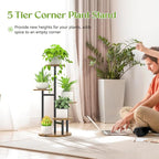 5 Tier Plant Stand Indoor, Metal Wood Flower Holder, Heavy Duty Tall Round Multiple Shelf, Sturdy Spiral Planter Orchid Display Rack for House Living Room Patio Corner Bathroom, Modern Black