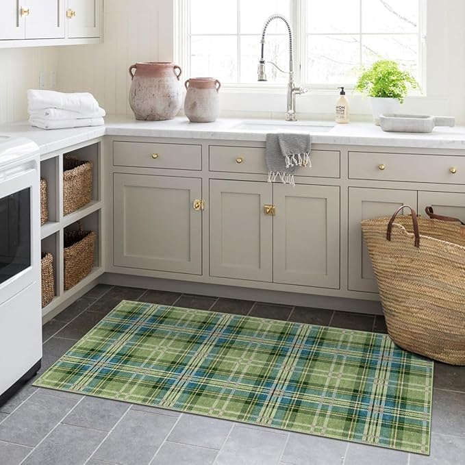 Outdoor Rug Plaid Door Mat, Sage Green Textured, 2 x 4.3 Ft