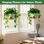 4-Piece Set of 8-Inch Hanging Planters with Automatic Watering System and Drip Tray, Includes Metal Chain, Suitable for Various Indoor and Outdoor Plants and Flowers, Green-Brown