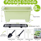 Self-Watering Rectangle Planter Boxes 8-Pack, 15.7-Inch Window Box Planter with Drainage Holes & Trays, Pots for Vegetables, Herbs, Flowers, Garden Windowsill Balcony (Light Green)
