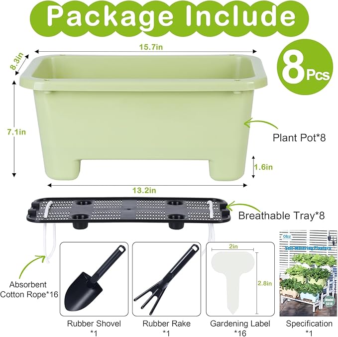 Self-Watering Rectangle Planter Boxes 8-Pack, 15.7-Inch Window Box Planter with Drainage Holes & Trays, Pots for Vegetables, Herbs, Flowers, Garden Windowsill Balcony (Light Green)
