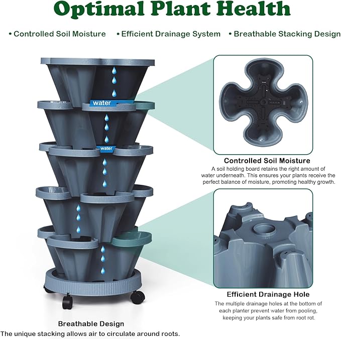 7 Tiered Strawberry Planters 3 Pack, Vertical Stackable Planter, Herb Stacking Tower Garden, Flower and Vegetable Planters with Support Pole Indoor & Outdoor with Removable Wheels Dark Grey