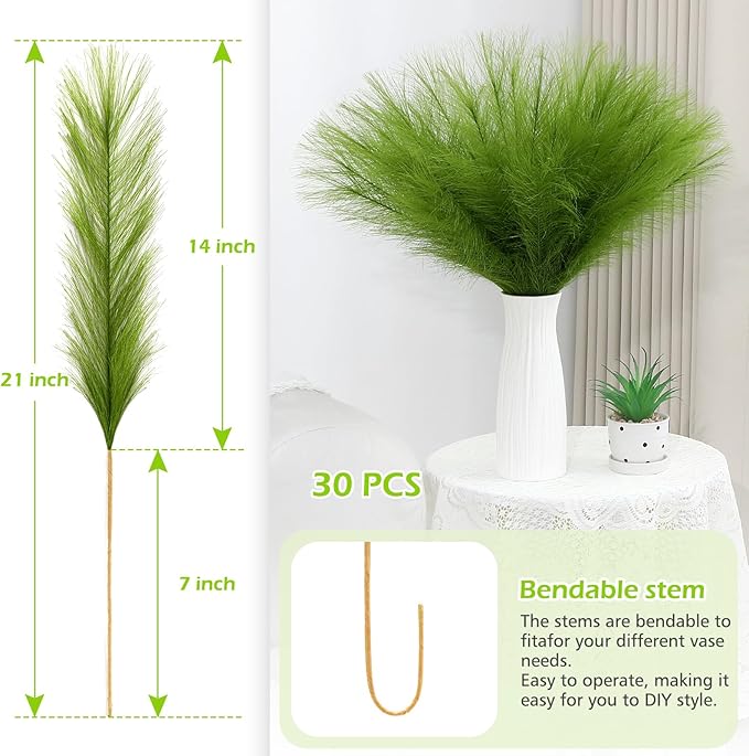 Faux Pampas Grass Stems 30 Pcs Green Silk and Paper Artificial Plants