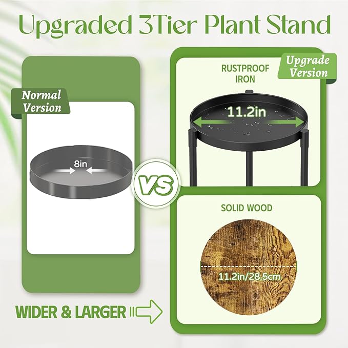 iDavosic.ly 3 Tier Corner Plant Stand Indoor, 34 Inch Tall Vertical Metal Flower Heavy Duty Pot Holder Shelf Outdoor for Patio Porch Living Room, Modern Black & Rustic Brown - Round