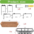 Window Deck Railing Planters Boxes with Coconut Liner, The Bottom Flat Window Boxes Planters Flower Boxes Metal Black Balcony Planter Railing Hanging for Outdoor Fence Porch Patio Lawn(4Pcs 24 Inch)