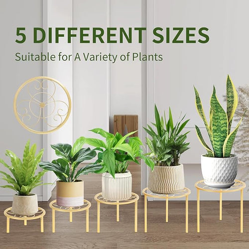 5-piece set of metal plant potted flower racks, heavy-duty flower pot plant racks of different sizes, iron flower racks, suitable for indoor and outdoor home decoration (Black) (5, Gold)
