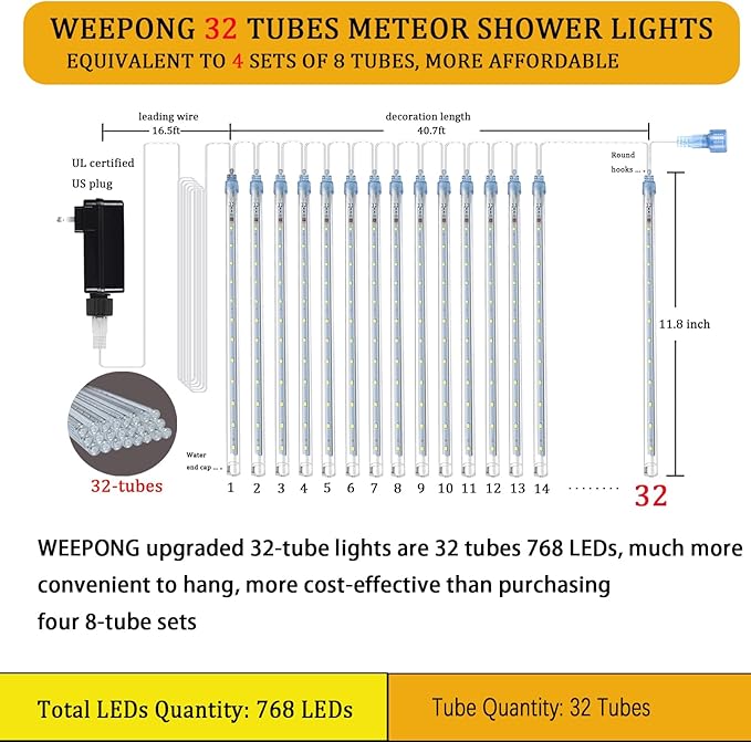 String Lights, 768 LED Blue Meteor Tubes, Waterproof for Outdoor Use