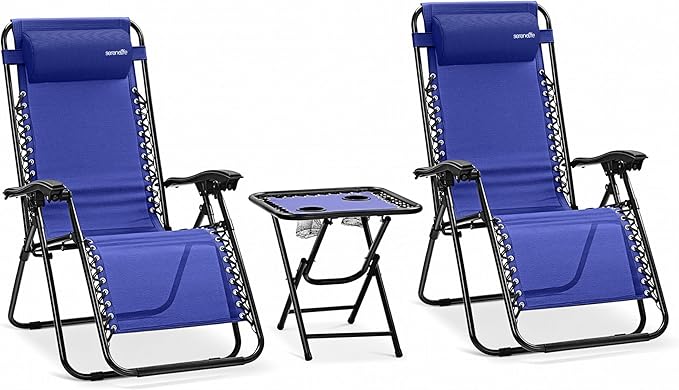 SereneLife Outdoor Zero Gravity Lounge Chair Set with Table – 2 Adjustable Recliners with Cup Holders, Headrest, Steel Frame & Foldable Design for Patio, Pool, Garden, or Camping