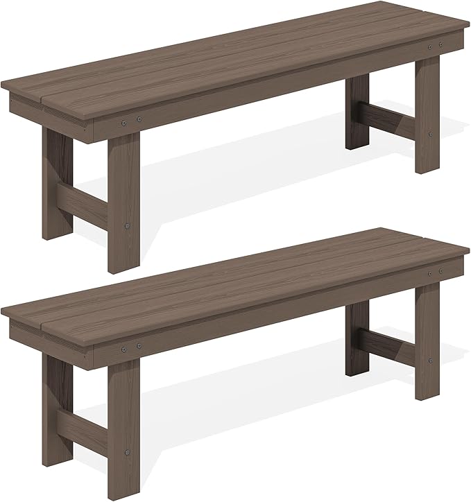 SERWALL 2-Person Outdoor Bench Backless, HDPE Outdoor Benches Weatherproof, 700 Lbs Weight Capacity, Poly Lumber Patio Furniture for Garden, Porch and Park, Coffee, 2 Pack