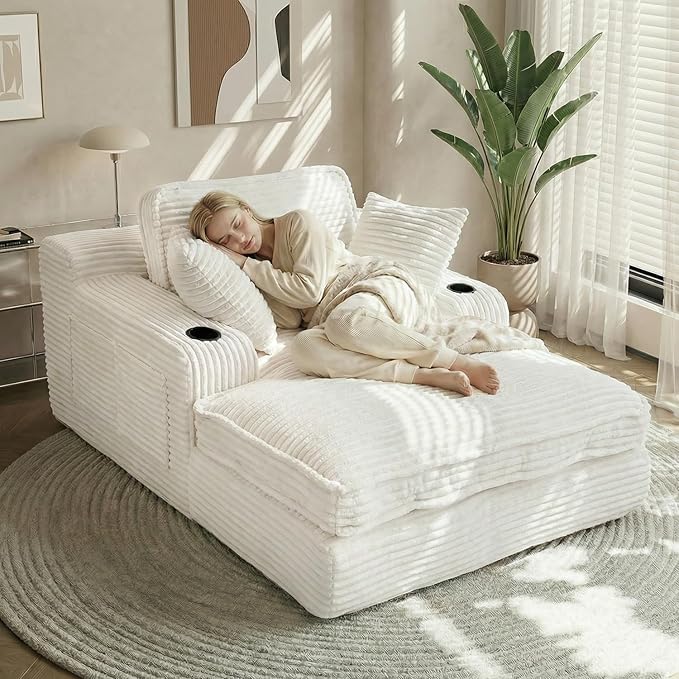 67" Oversized Chaise Lounge Chair Indoor, Soft Boneless Cloud Couch with 3 Pillows, 4 Side Pockets and 2 Cup Holders, Comfy Corduroy Sleeper Couch for Living Room Bedroom