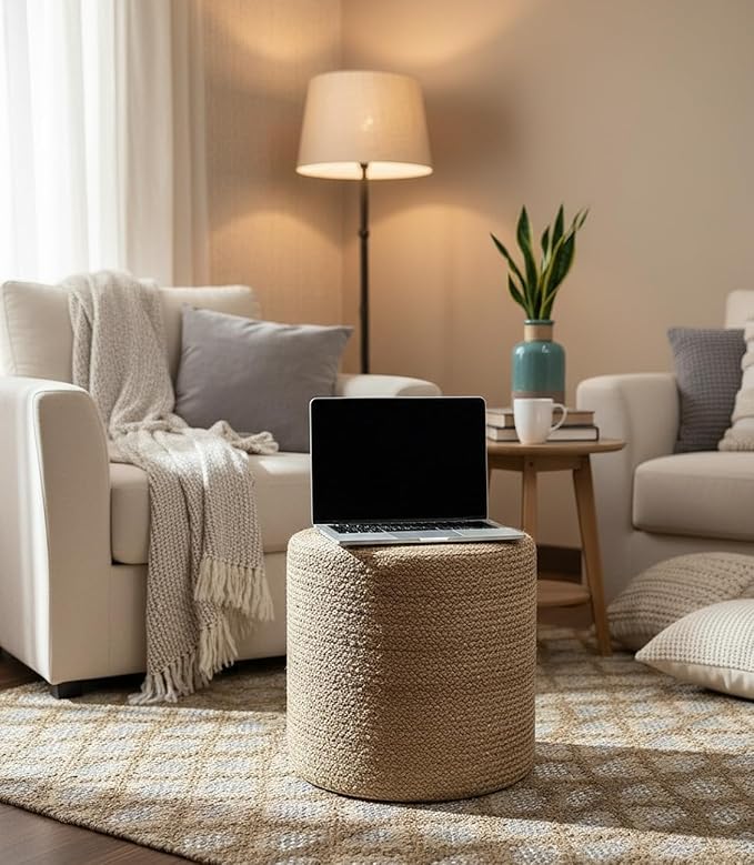 S & L Homes Pouf Ottoman - 100% Natural Jute Braided- Hand Knitted - Traditional Cord Boho Pouffe - for The Living Room, Bedroom, Nursery, Patio, Lounge (16" x 16" x 16")