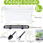 Self-Watering Rectangle Planter Boxes 8-Pack, 15.7-Inch Window Box Planter with Drainage Holes & Trays, Pots for Vegetables, Herbs, Flowers, Garden Windowsill Balcony (White)