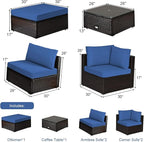 Tangkula 6 Piece Patio Furniture Set, Outdoor Deck Lawn Backyard Durable Steel Frame PE Rattan Wicker Sectional Sofa Set, Conversation Set with Coffee Table (Navy)