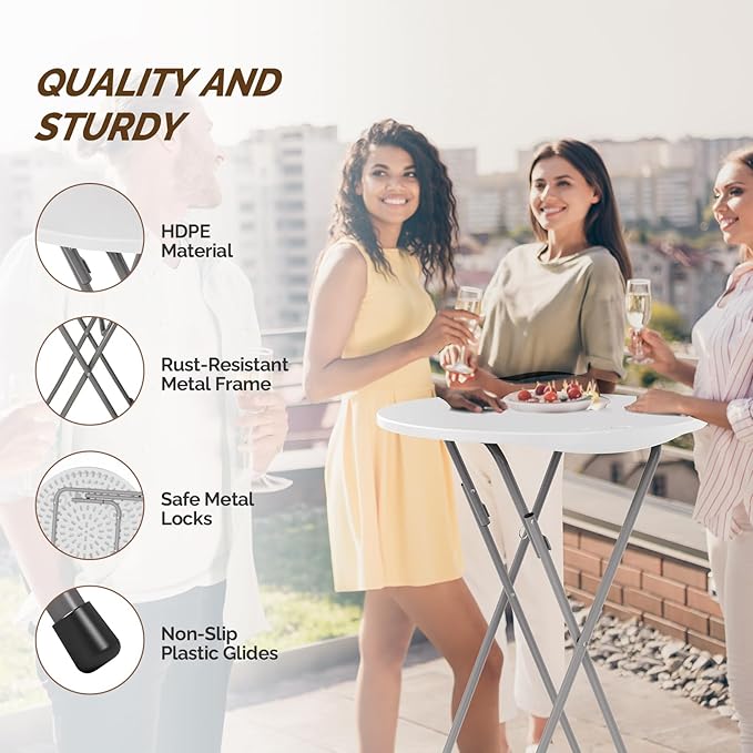 VINGLI 24" Plastic Folding Round Table Bar Height, HDPE Matrial with Gray Metal Finish, High Top Table for Outdoor Party, Cafes, Restaurants, Backyard, Dining Room, Wedding Event,1 Pack, White