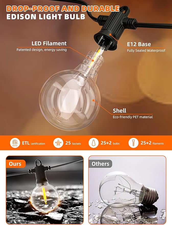 String Lights, 100FT Solar Outdoor Edison Bulbs in Warm White