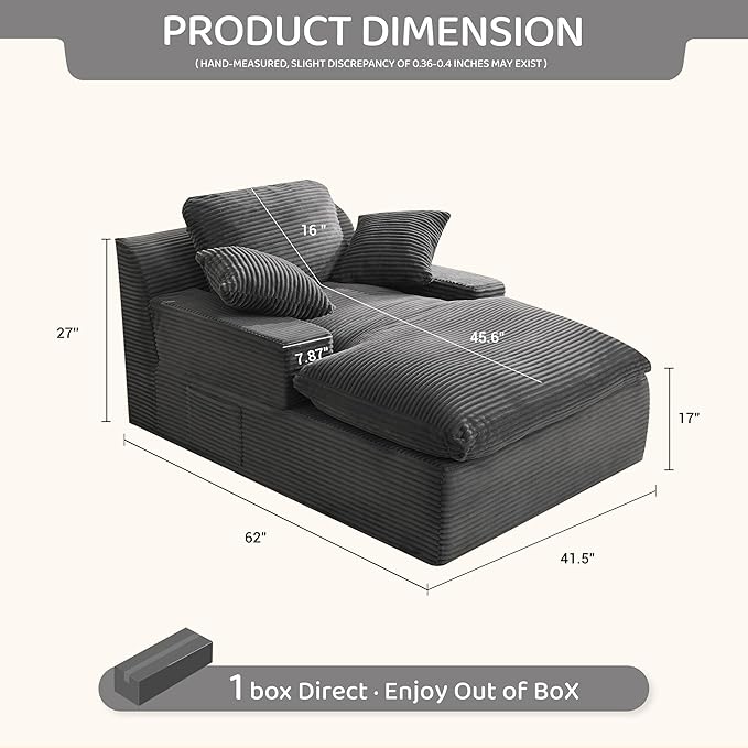 63" Chaise Lounge Chair Indoor, Set of Convertible Sleeper Sofa Couch with Throw Pillows & Side Pockets, Corduroy Upholstered Oversized Sofa Bed with Armrests for Living Room Bedroom, Grey
