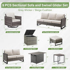 Belord Outdoor Sectional Sofa with 41" Propane Fire Pit Table - 9 Piece Patio Conversation Set with Storage Box and Swivel Rocker Chairs All-Weather PE Wicker Furniture Set Gray