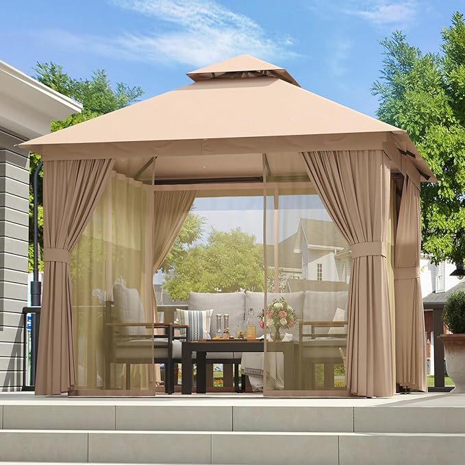Aoxun Outdoor Gazebo for Patio 10x10 Metal Frame Canopy with Double Roofs Heavy Duty Party Tent and Shelter with Mosquito Netting and Privacy Screen for Backyard, Lawn, Garden, Deck (Khaki)