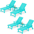 LUE BONA Chaise Lounge Chair with Table, 6-Piece, HDPS Chaise Lounger, 5 Positions Adjustable Lounge Chairs, Pool Lounge Chair with Wheels for Poolside, Backyard, Aruba Blue