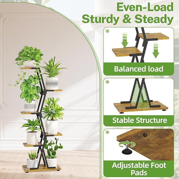 iDavosic.ly 5 Tier Indoor Plant Stand, Corner Tall Metal & Wood Flower Shelf, Orchid Display Rack for Living Room Balcony Patio Porch, Space Saving & Multifunctional Display, Black & Brown
