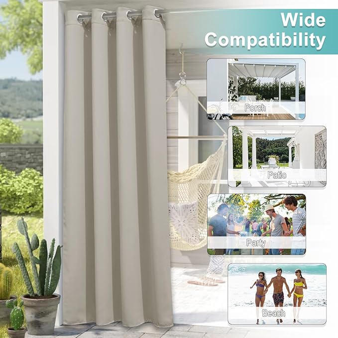 NICETOWN 2 Panels Patio Curtains for Outdoor Waterproof, Machine Washable Rustproof Grommet Thermal Insulated Room Darkening Outdoor Drapes Privacy for Balcony, W52 x L108, Natural