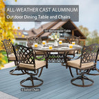 7-Piece Cast Aluminum Patio Furniture, Patio Dining Set for 6 Include 54" Round Outdoor Dining Table and 6 Swivel Chairs with Cushions & Umbrella Hole (Bronze)