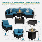 8-Piece Patio Furniture Set with 50,000 BTU Fire Pit Table - Wicker Outdoor Sectional Sofa with Thick Waterproof Cushions, Complete Conversation Set for Backyard Garden(Brown & Peacock Blue)