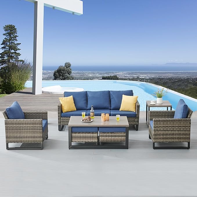 Belord 7 Piece Outdoor Furniture Patio Wicker Sofa Set, Oversize Outdoor Dining Chairs with Rattan Ottomans, Conversation Sets Patio Furniture Come with Removable Washable Cushion Blue