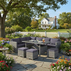 Tangkula 7 Pieces Patio Furniture Set, Outdoor Sectional Rattan Dining Sofa Set with Cushions, All Weather Wicker Conversation Couch Set with Dining Table & Ottomans for Yard Garden Poolside, Grey