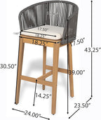 Christopher Knight Home Zax Set of 2 Patio Barstool, Acacia Wood & Rope Outdoor Counter Stool with Backrest/Footrest, Barstool Chairs with Cushion Seating for Backyard Balcony Garden, Beige+Gray+Teak