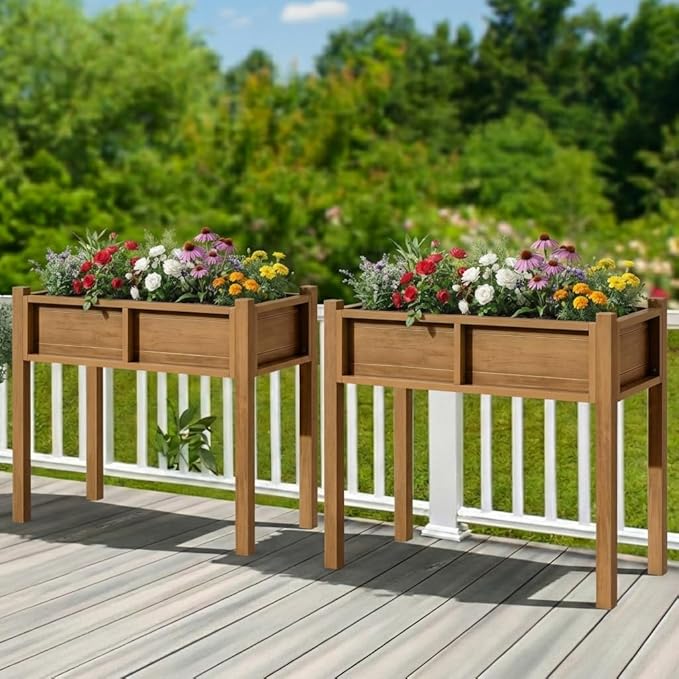 YITAHOME Elevated Garden Bed HDPE Raised Garden Bed with Legs & Drainage Hole Poly-Wood Weatherproof Elevated Planter Box Patio Planters for Vegetables Flowers Plant Bed for Garden, Teak