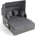 ORALNER Outdoor Daybed, 2-Person Wicker Patio Sofa with Retractable Canopy, Cushions & Pillows, 2 Side Trays, PE Rattan Double Sunbed for Deck Poolside Garden Balcony Backyard (Gray, Mix Gray)