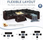 NICESOUL 7 Piece Outdoor Patio Furniture Set with Fire Pit Table Natural Gas/Propane, Tall Wide Deep Sectional Couch Sofa for Outside, 29.3'' High Back Backyard Sitting, Brown Rattan and Black Cushion