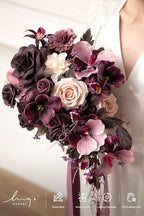 Artificial Flowers Plum Cascade Wedding Bouquet, Silk with Pearls, 13 Inch